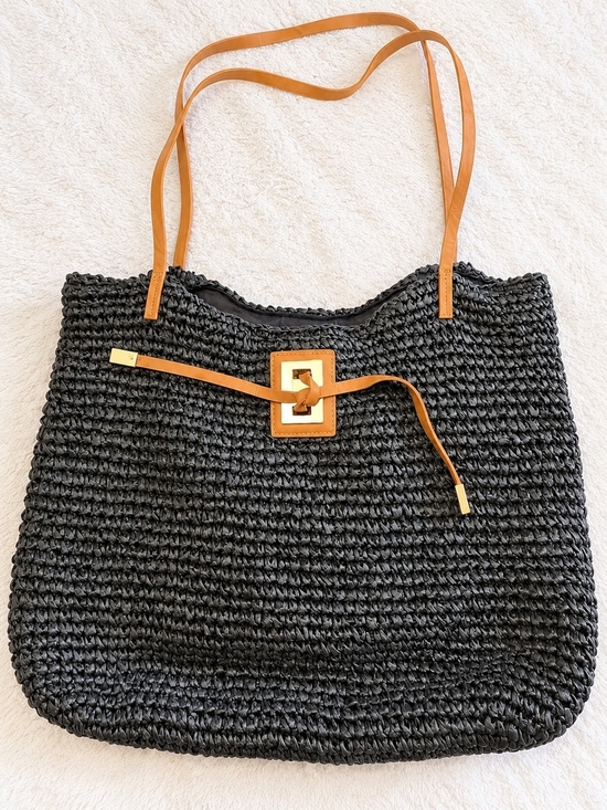 Studio Collection Handbags - Black Woven Tote Bag Tan Straps Studio Collection Shoulder Bag